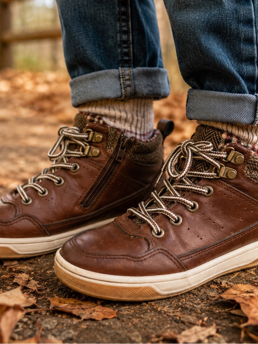 Kids Brown High Top Sneaker Boots Size 11 Lace Up Zip Plaid Lined